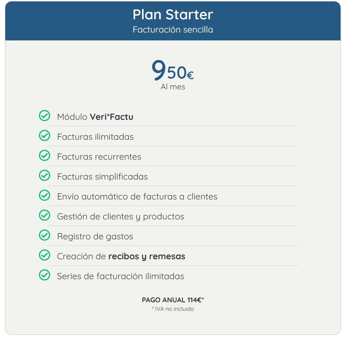 Plan Starter con precio mensual de 9,50€ e información de facturación simplificada, recurrente y gestión de gastos